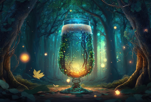 Glas bier in magisch boslandschap Generatieve AI