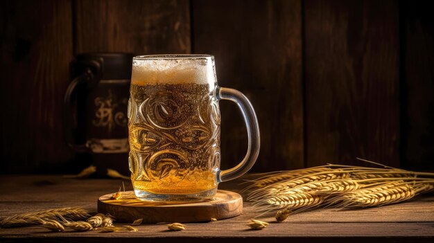 Glas bier met tarwe op houten achtergrond Ai gegenereerd