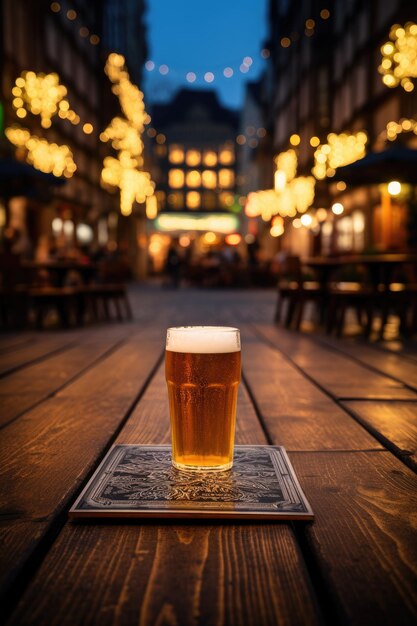 Glas bier op een houten tafel in de pub Vervagen backround Kopieerruimte Banner Generatieve ai