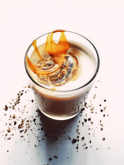 Glas cappuccino met spatten en koffiebonen