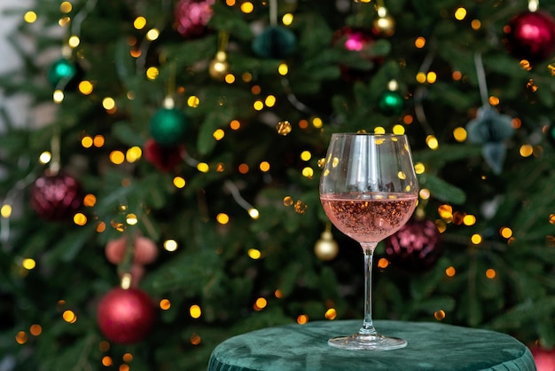 Glas champagne steeg tegen de achtergrond van bokehlichten van de kerstboom. Winter vakantie. Nieuwjaar achtergrond. Zachte selectieve focus.