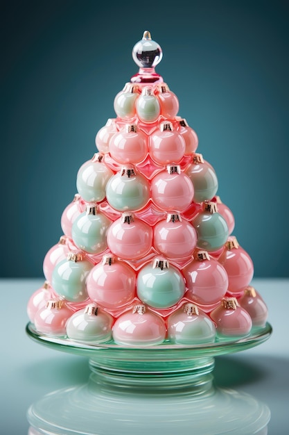 Glas decoratieve kerstboom gemaakt van roze en groene ballen Generatieve AI