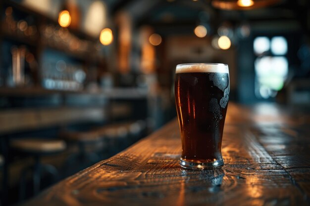 Foto glas donker bier op een rustieke houten tafel verlicht door zachte omgevingsverlichting in het gezellige interieur van een klassieke taverne