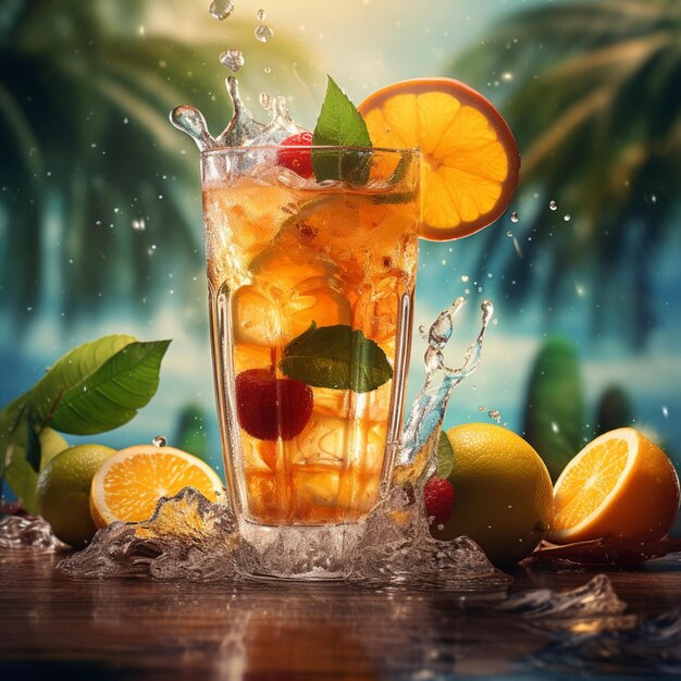Foto glas drank met tropische vruchten op het strand van het achtergrondparadijs