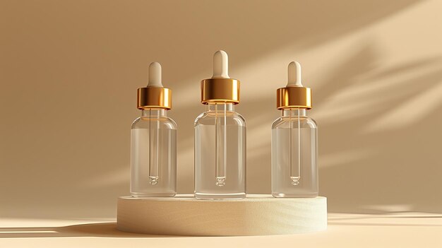 Glas druppelflasjes met serum op een beige achtergrond 3d-mockup
