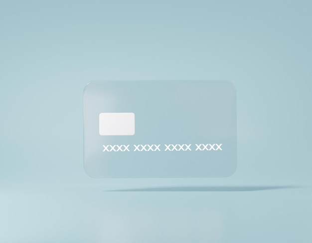 Glas duidelijk leeg creditcardpictogram op blauwe pastelkleurachtergrond. 3D-rendering, illustratie