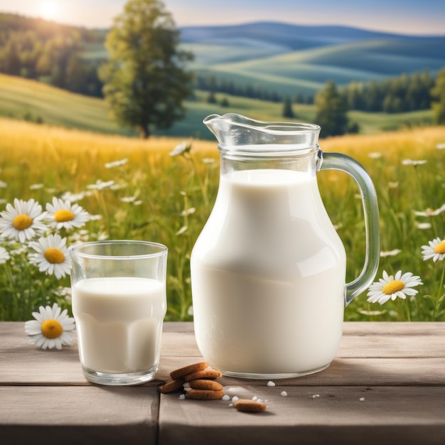 Glas en kruik verse melk op houten tafel met onscherpe achtergrond groene tuin achtergrond