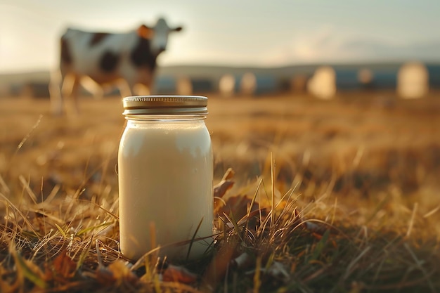 Glas en pot melk op een wazige achtergrond op een boerderij