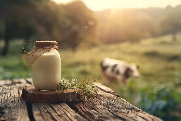 Glas en pot melk op een wazige achtergrond op een boerderij