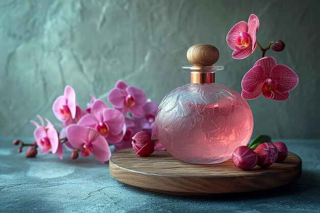 Foto glas fles roze parfum op houten voetstuk met prachtige paarse orchidee bloemen