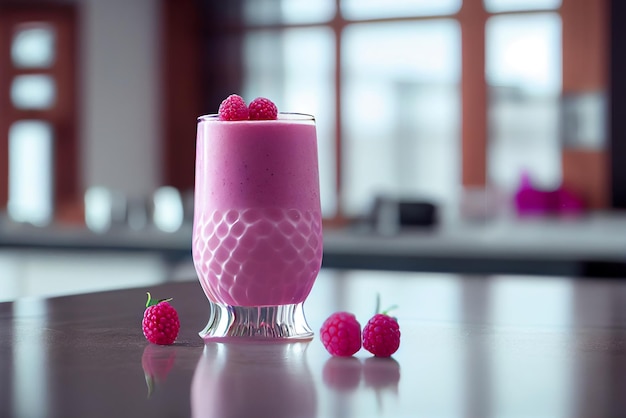 Glas frambozensmoothie in witte vloer Illustratie Generatieve AI