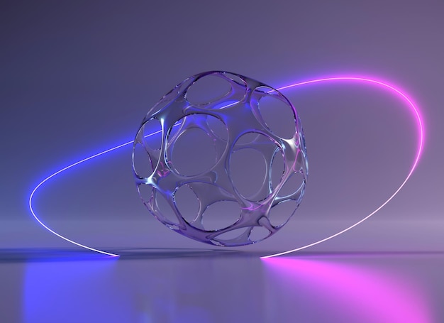 Glas futuristische bol met neon cirkel frame in rook 3d rendering Ronde gloei golf lijn blauwe roze gebogen ring met heldere kristallen bol en magisch licht abstracte mysterieuze achtergrond 3D illustratie