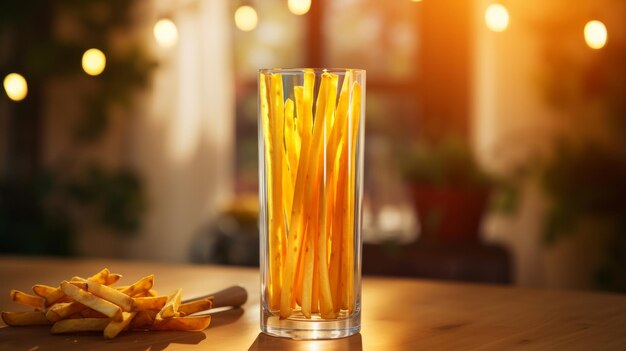 Glas gevuld met gele stokken op tafel