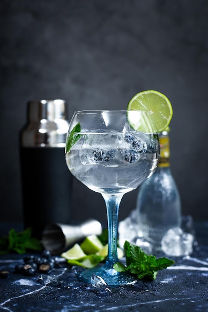 Glas gin-tonic met munt, partjes limoen en ijs op een grijze achtergrond