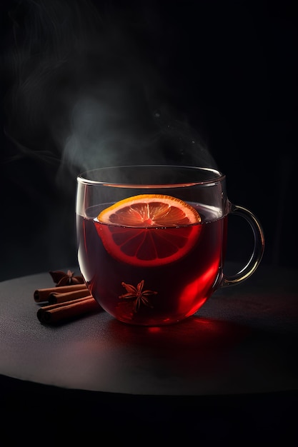 Glas glühwein op donkere achtergrond