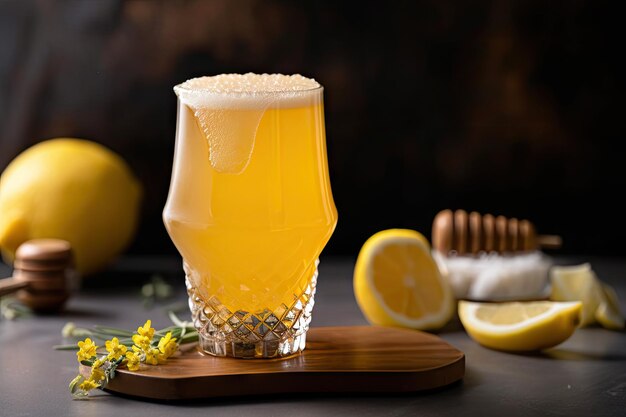 Glas goudkleurig bier met schuimkraag gegarneerd met een schijfje citroen gemaakt met generatieve ai
