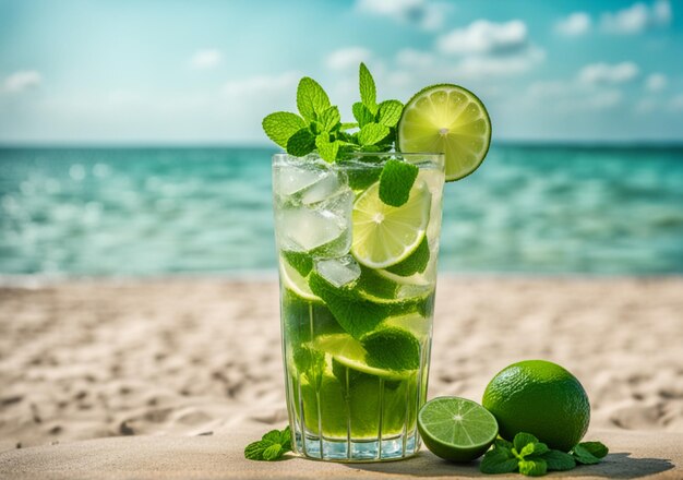 Glas groene limoen mojito met munt en ijs op het strand Generatieve AI