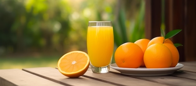 Glas jus d'orange op tafel vers citrus zomer drankje panorama generatieve ai