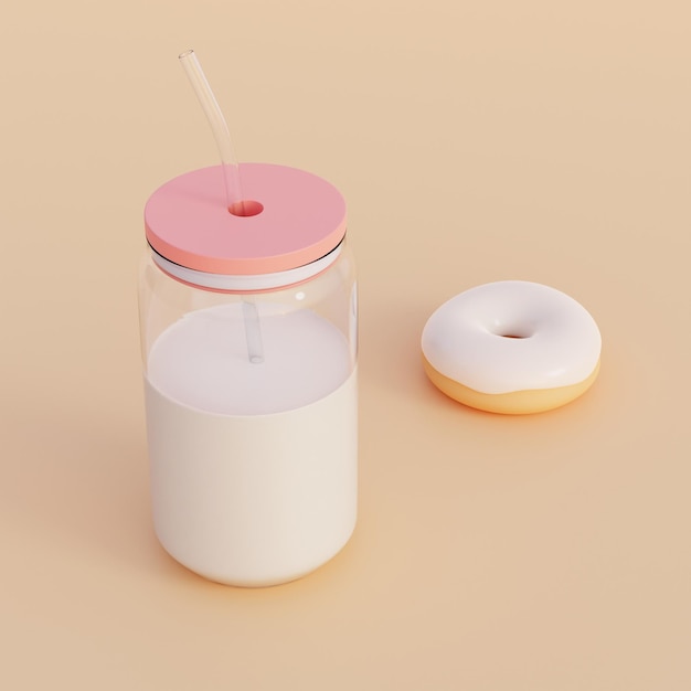 Glas kan met melk en Donut conceptuele voedsel 3d illustratie.