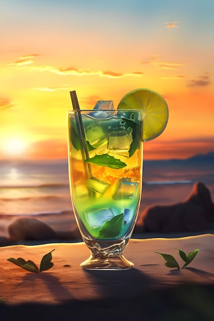 Glas kleurrijke zomercocktail op het strand aan zee bij zonsondergang Tropische ijskoude cocktail op het strand