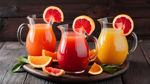 Glas kruiken met grapefruitsap met plakjes sinaasappels