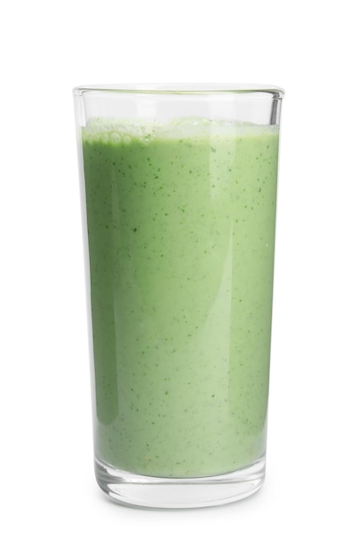 Glas lekkere avocado smoothie op witte achtergrond