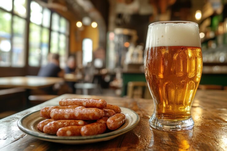 Foto glas licht bier met gebakken worstjes op houten tafel en bar achtergrond oktoberfest concept