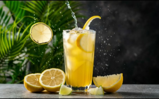 Glas limonade met citroensnijden Tropische achtergrond met verfrissend gevoel