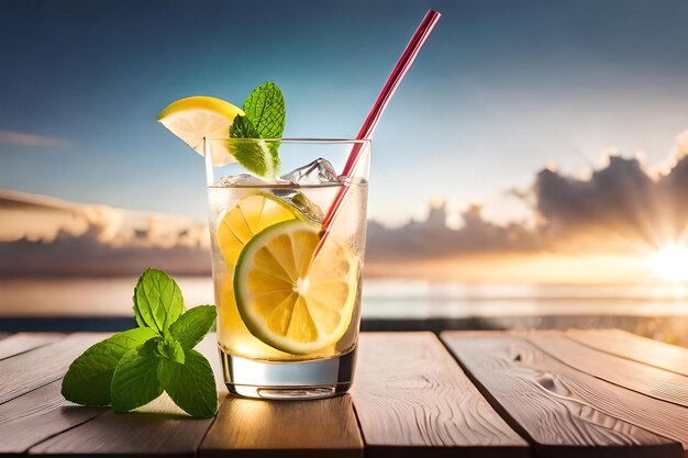 Glas limonade met een rietje op een houten tafel