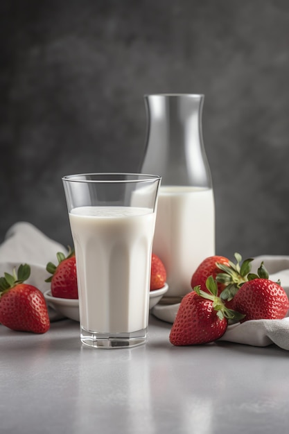 Glas melk en aardbeien op een tafel