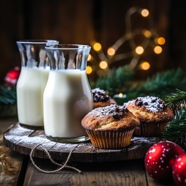 Glas melk en kerstkoekjes op een houten tafel op bokeh achtergrond