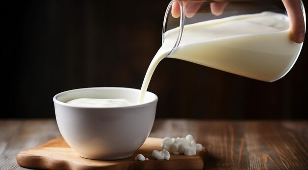 glas melk giet melk in glas beker melk op de tafel glas melk op donkere achtergrond