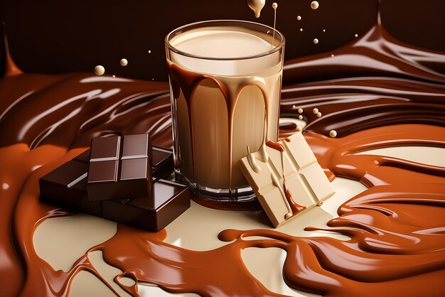 Glas melk met chocolade en spetteringen op oranje achtergrond 3D-illustratie gegenereerd ai