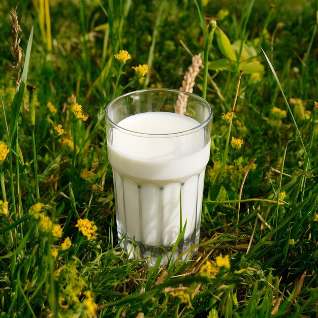 Glas melk met groene weide achtergrond voor een natuurlijke touch voor sociale media Postgrootte