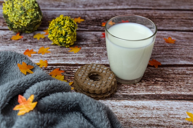 Glas melk met koekjes op bord in herfst stijl