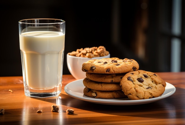 Glas melk met koekjes