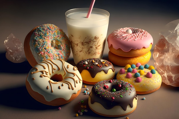 Glas melk met stro en veel geglazuurde donuts op een plat oppervlak neuraal netwerk gegenereerde kunst