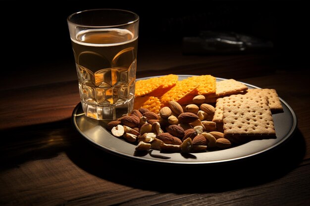 Glas met chips, noten en crackers