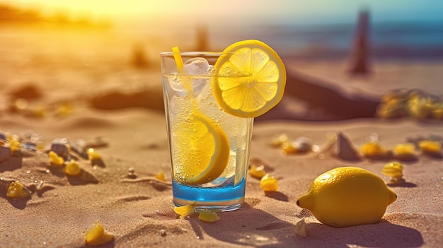 Glas met citroenwater in het zand van het strand Vakantie scène met limonade glas op de kustlijn Generatieve AI