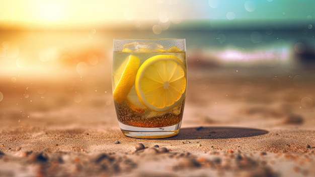 Glas met citroenwater in het zand van het strand Vakantietafereel met limonadeglas aan de kustlijn Generatieve AI