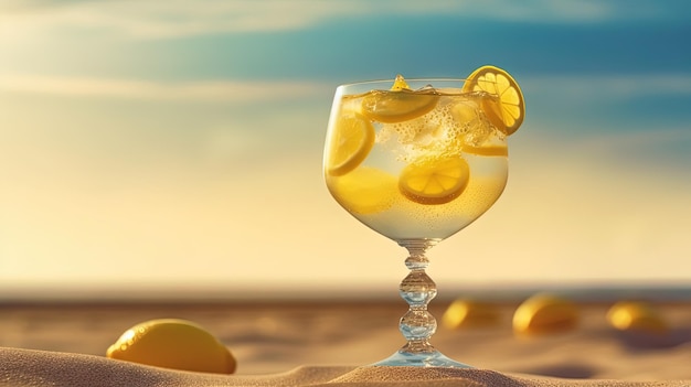 Glas met citroenwater in het zand van het strand Vakantietafereel met limonadeglas aan de kustlijn Generatieve AI