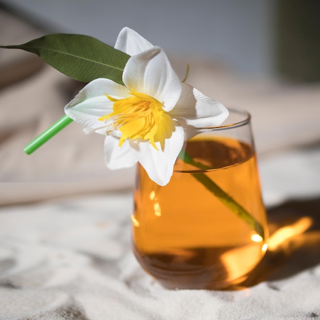 Glas met sinaasappeldrank op zandstrand