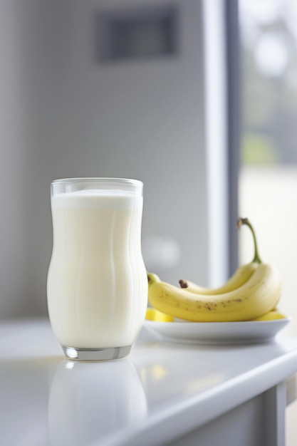 Glas met veganistische bananenmelk met amandelen op een witte tafel Generatieve AI