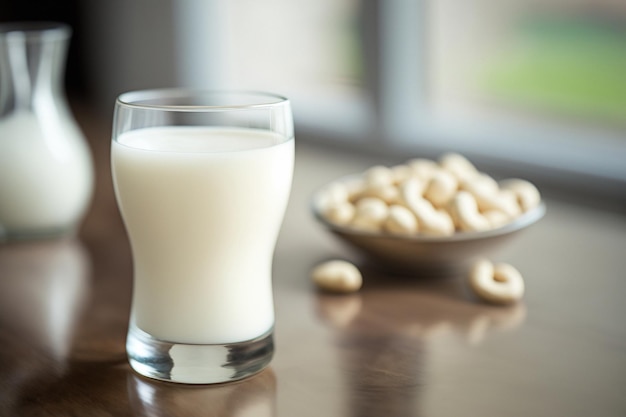 Glas met veganistische cashewmelk op een witte tafel Generatieve AI