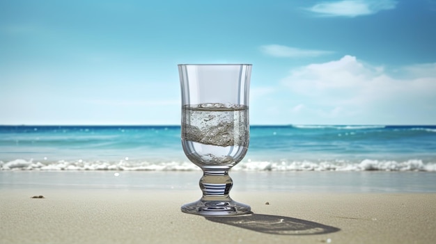 Glas met water in het zand van het strand Vakantiescène met glas aan de kustlijn Generatieve AI