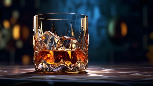 Glas met whisky en ijsblokjes op tafel warme gezellige sfeer