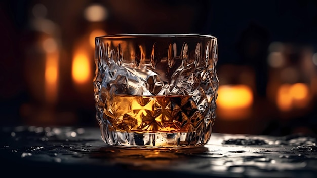 Glas met whisky en ijsblokjes op tafel warme gezellige sfeer