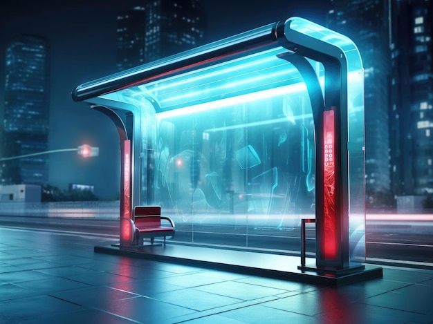 Glas metalen bushalte ontwerp met leeg paneel voor billboard in futuristische stad