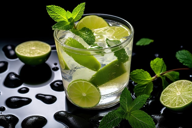 Glas mojito highball cocktail of verfrissend drankje met limoen en munt op witte achtergrond