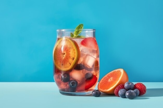 Foto glas pot met fruit ijs thee op een blauwe achtergrond